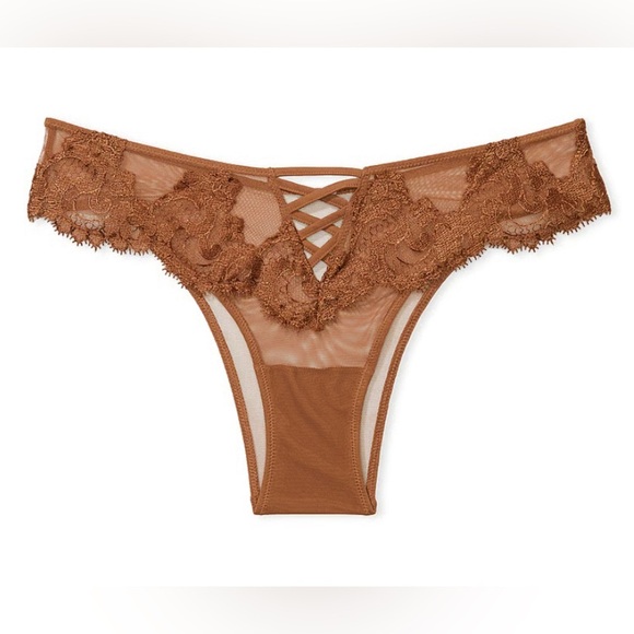 Victoria's Secret Boho Floral Embroidery Brazilian Panty Brown - Picture 1 of 7
